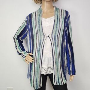 Chico's Sweater Cardigan Linen Blend Multicolor Open Knit Sz L Boho Cottagecore